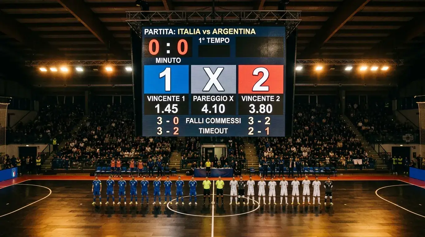 Tabellone di un match di calcio a 5 con quote 1X2 e segnali di probabilità implicita