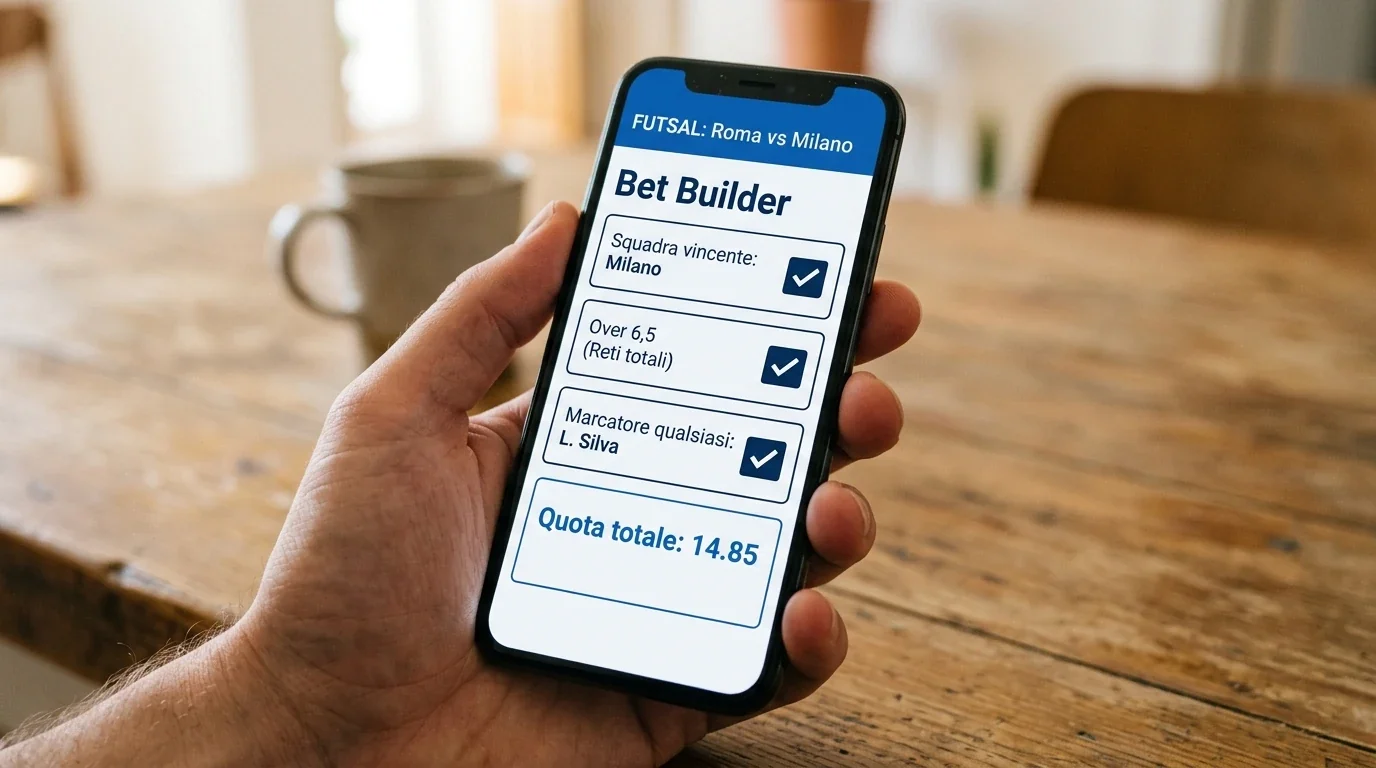 Interfaccia di bet builder con più mercati combinati su un match di calcio a 5