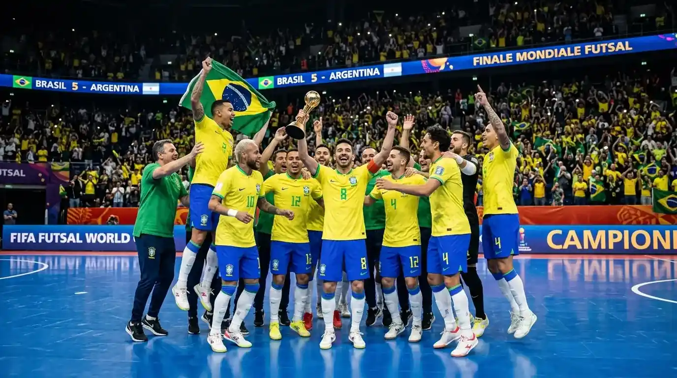 Nazionale brasiliana di futsal celebra dopo una vittoria in finale di Coppa del Mondo