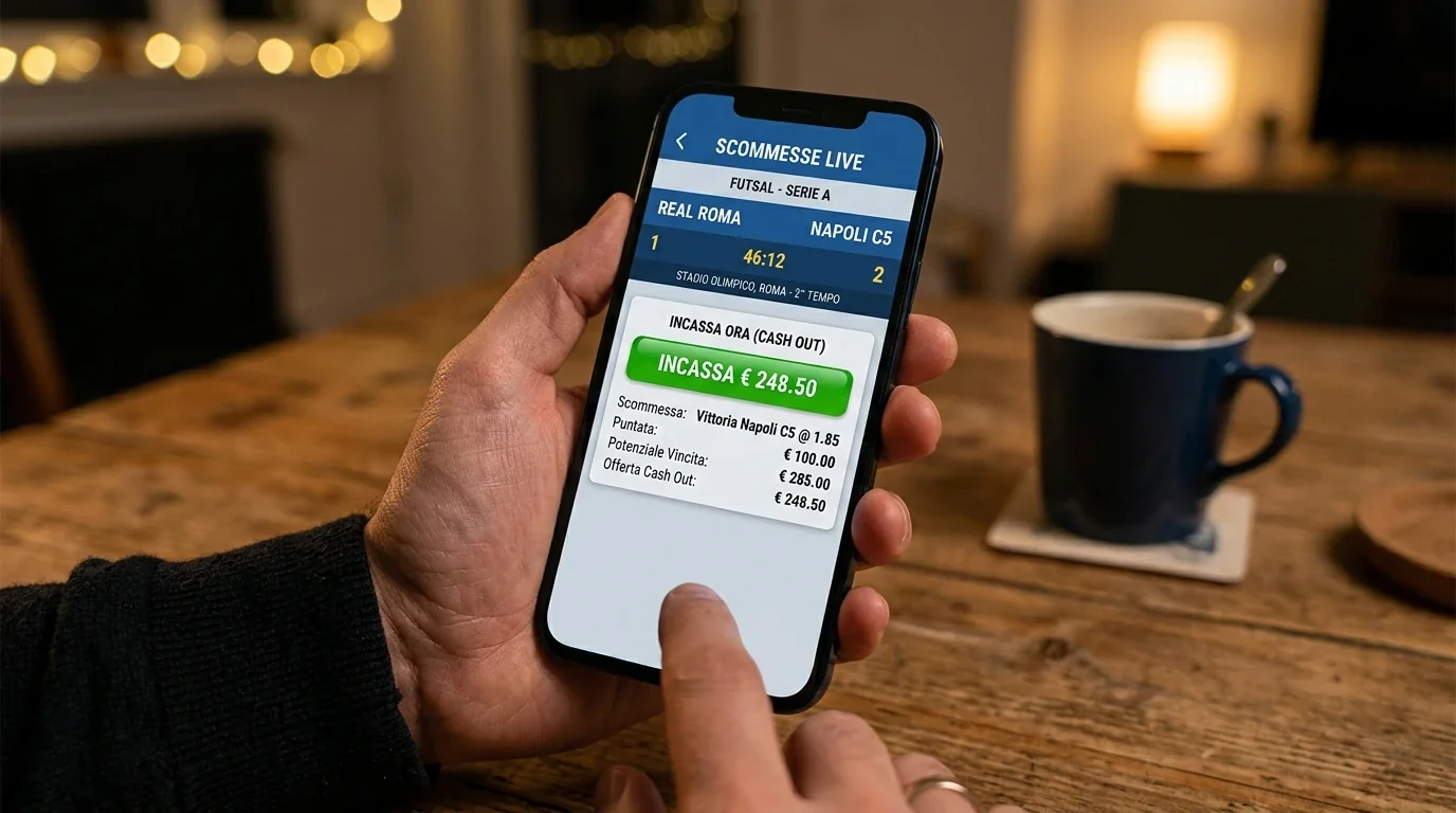 Interfaccia di cash out su app di scommesse sportive per match di calcio a 5