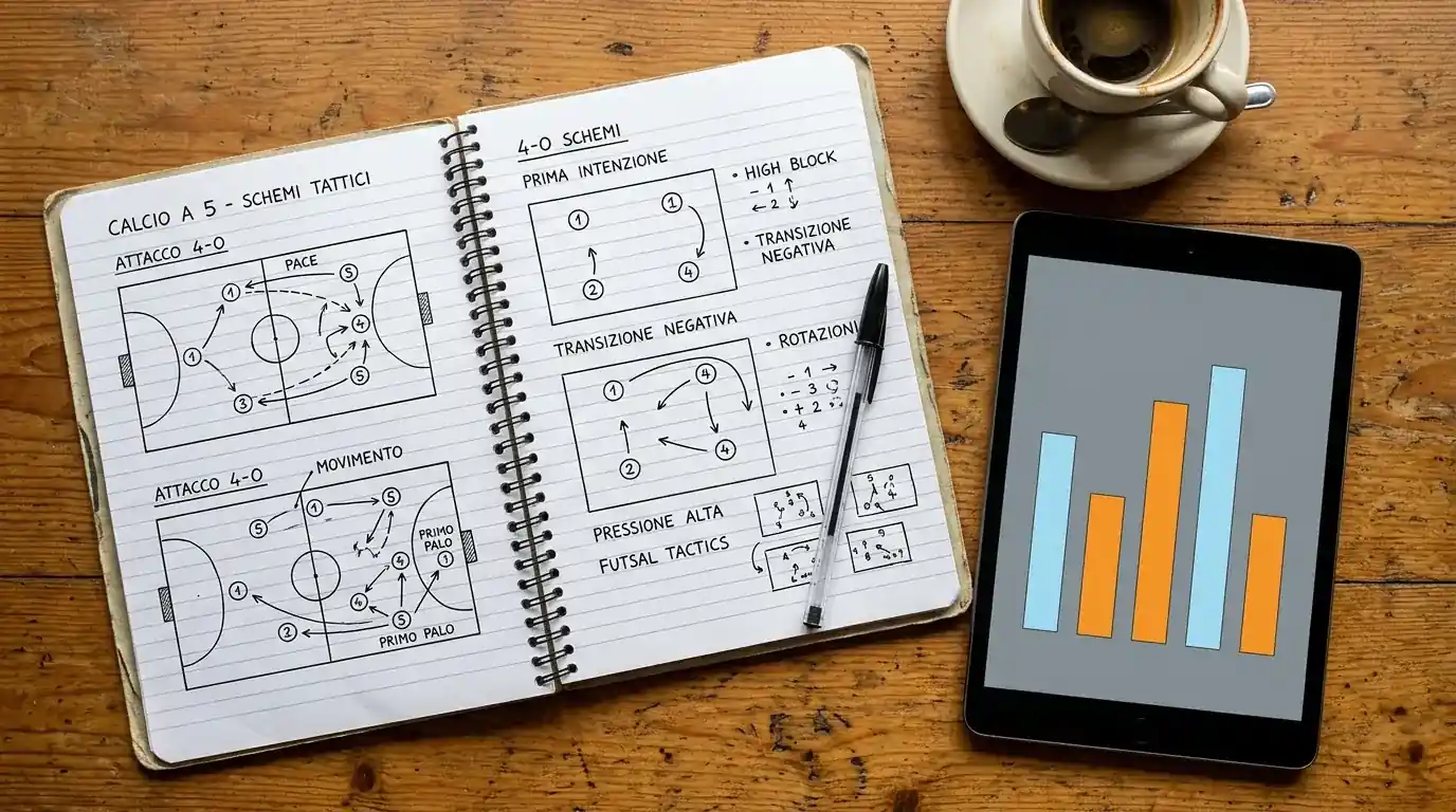 Quaderno con appunti tattici e indicatori di pace per squadre di calcio a 5