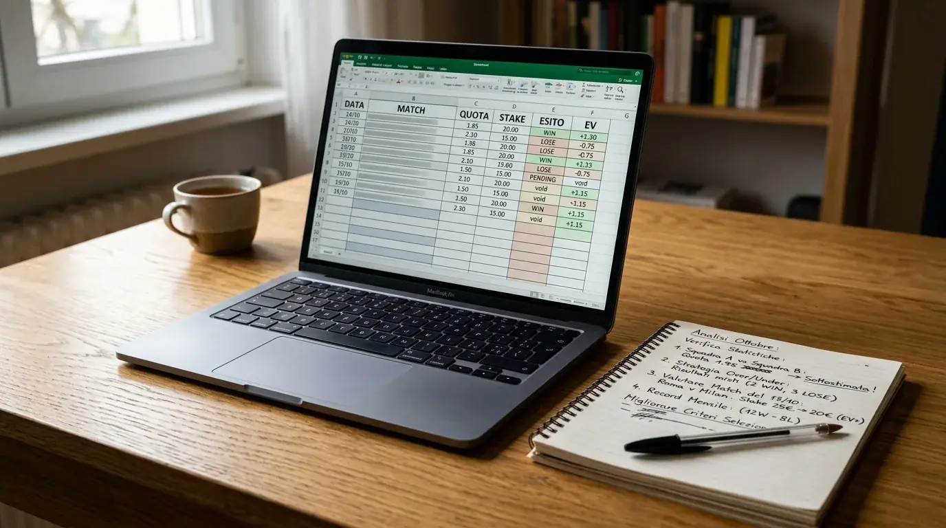 Schermo di laptop con foglio di tracciamento giocate annotato a mano