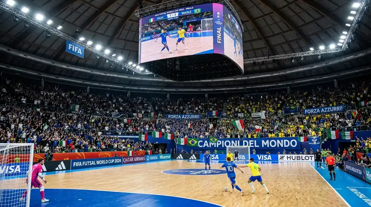 Stadio interno gremito durante una finale di FIFA Futsal World Cup in stile Humo Arena