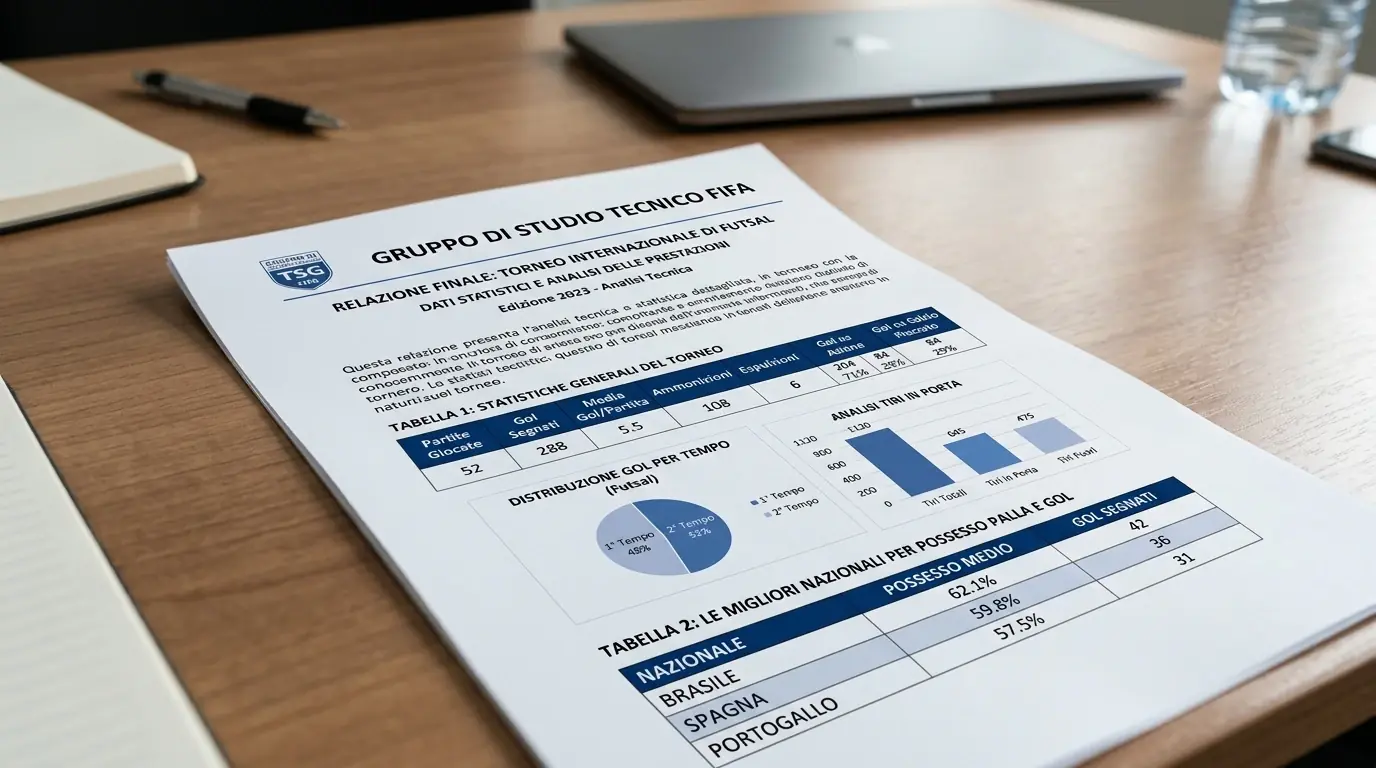 Pagina di report tecnico FIFA del Technical Study Group con statistiche di un mondiale di futsal