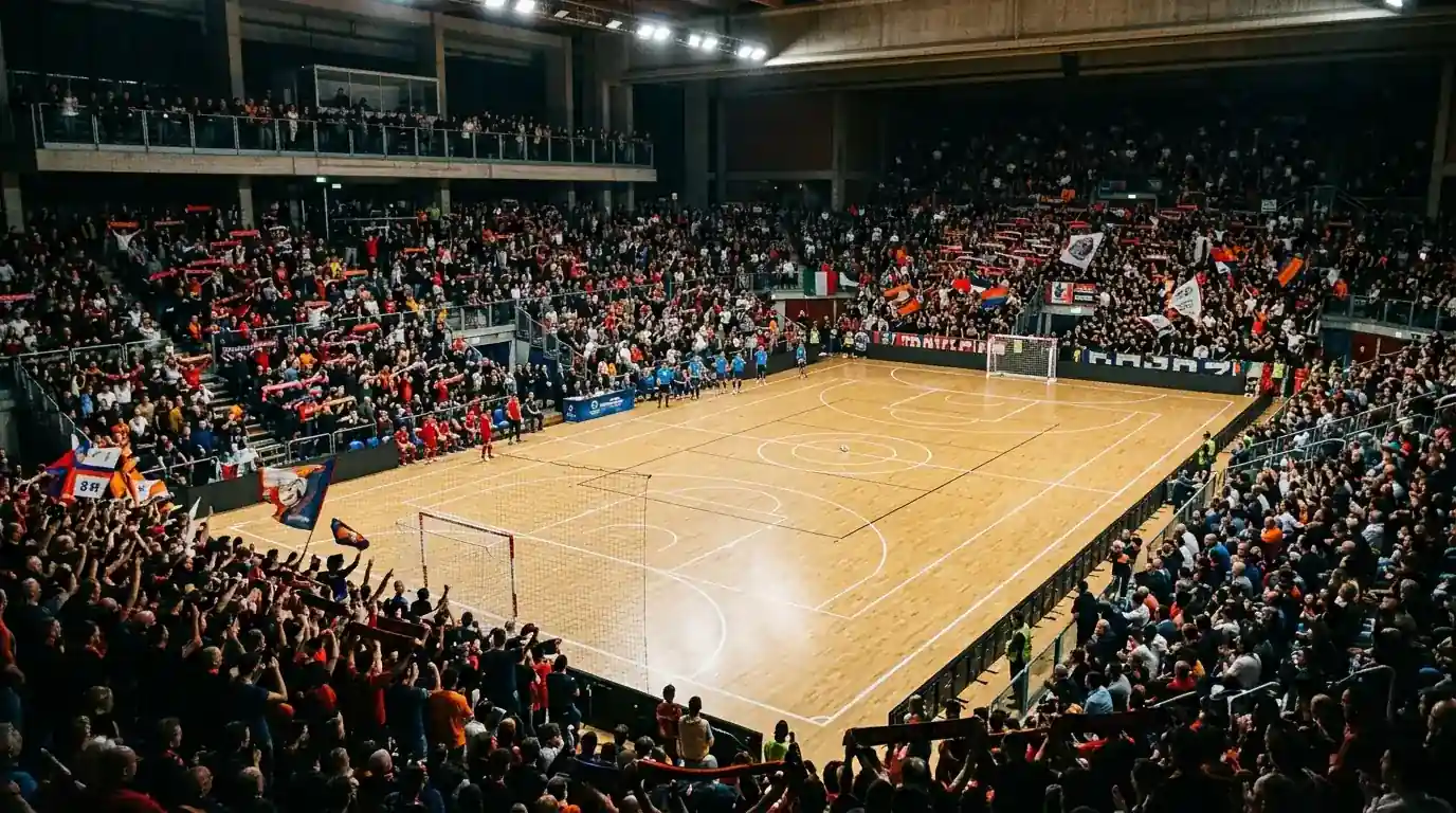 Interno di un palazzetto sold out durante una finale di calcio a 5 a Pesaro