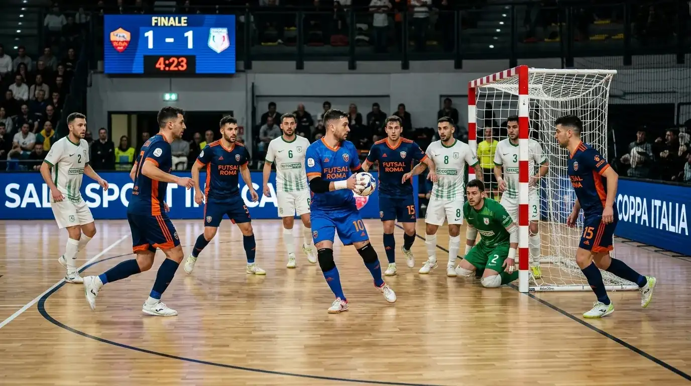 Schema tattico di power play con portiere volante in azione negli ultimi minuti di un match di futsal
