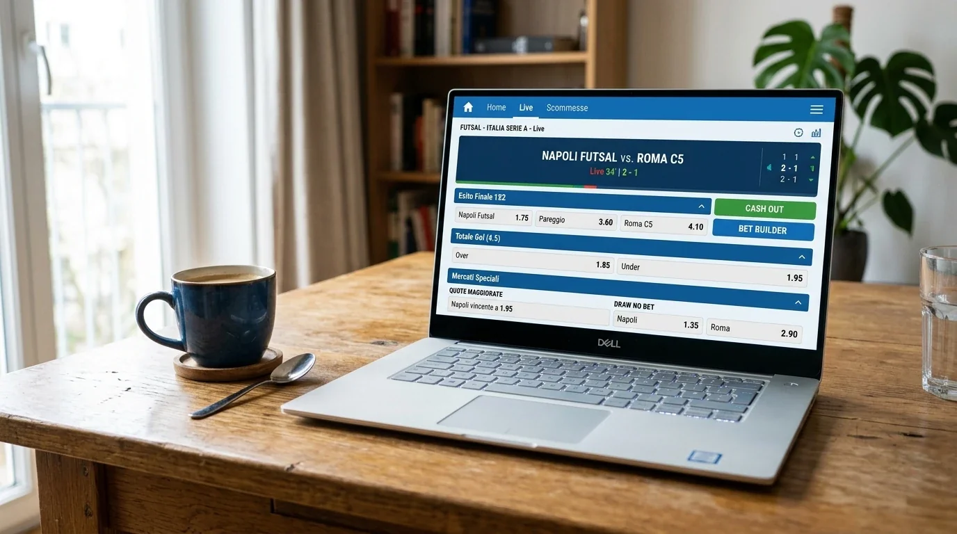 Schermata di bookmaker con funzioni cash out e bet builder attive su match futsal