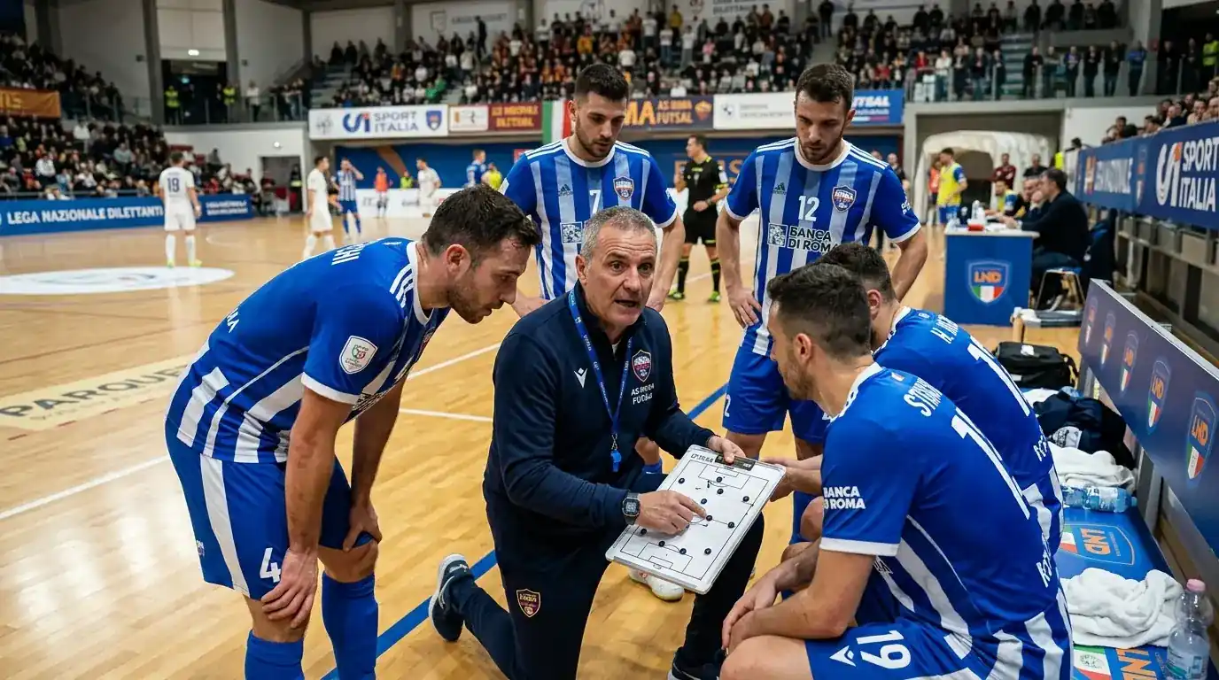 Allenatore di futsal discute schema tattico con la lavagnetta a bordo campo prima della ripresa