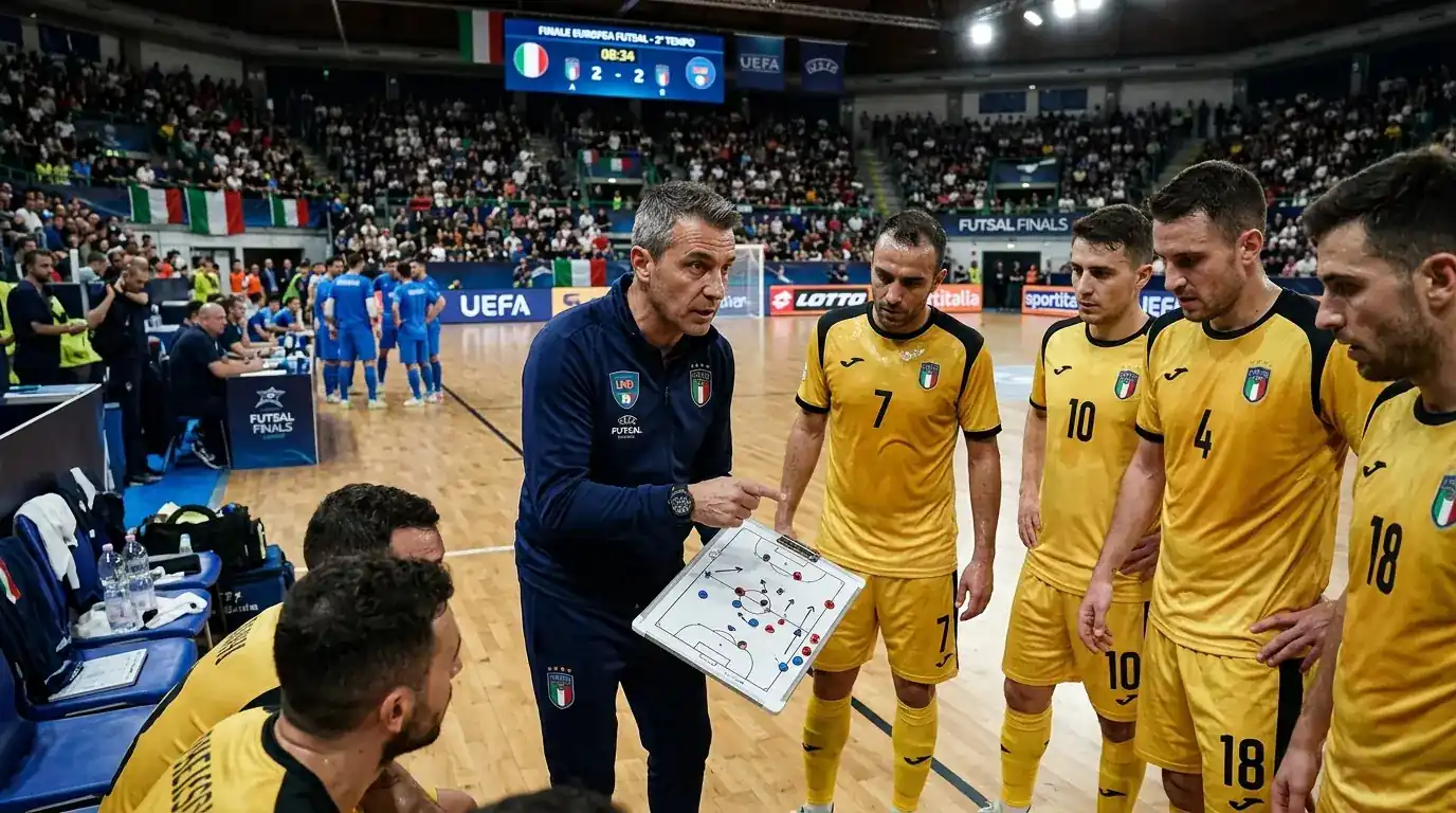 Allenatore di futsal istruisce la squadra prima della ripresa di una finale europea
