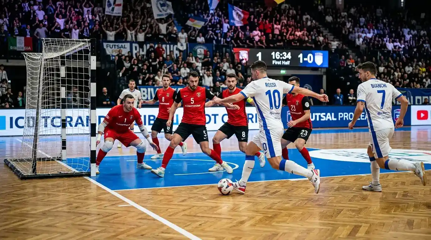 Pressione offensiva nel primo tempo di una partita di calcio a 5 di alto livello