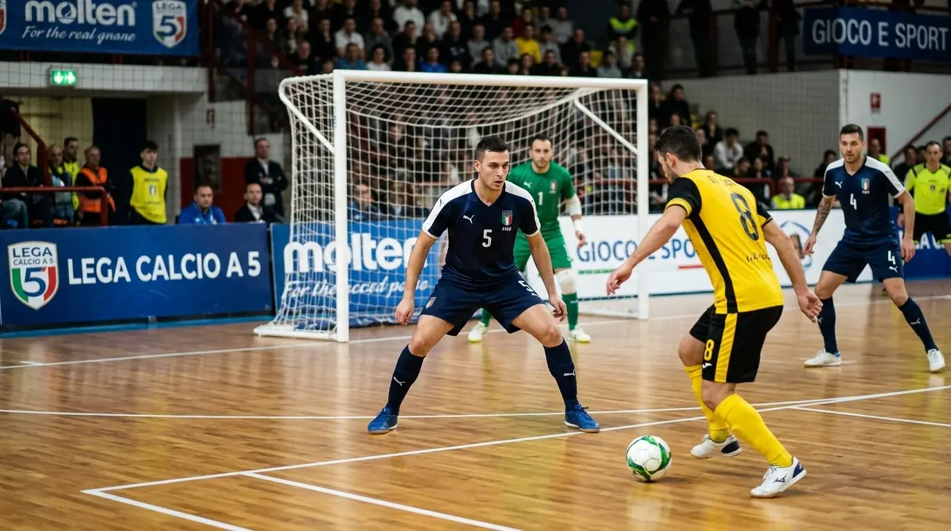 Fixo difensivo di calcio a 5 in posizione di copertura sulla propria area
