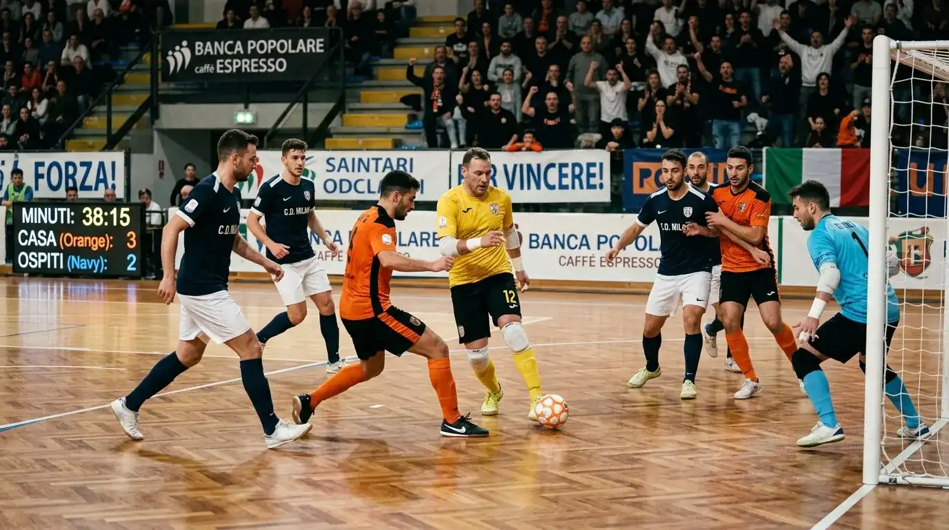 Portiere volante in azione offensiva negli ultimi minuti di una partita di calcio a 5
