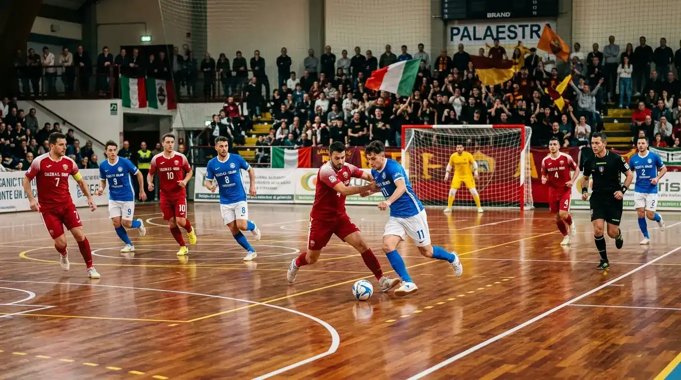 Partita di Serie A calcio a 5 italiana su parquet con squadre in azione e pubblico sugli spalti