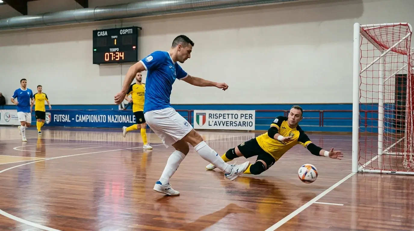 Pivot di calcio a 5 conclude in porta durante una transizione offensiva veloce