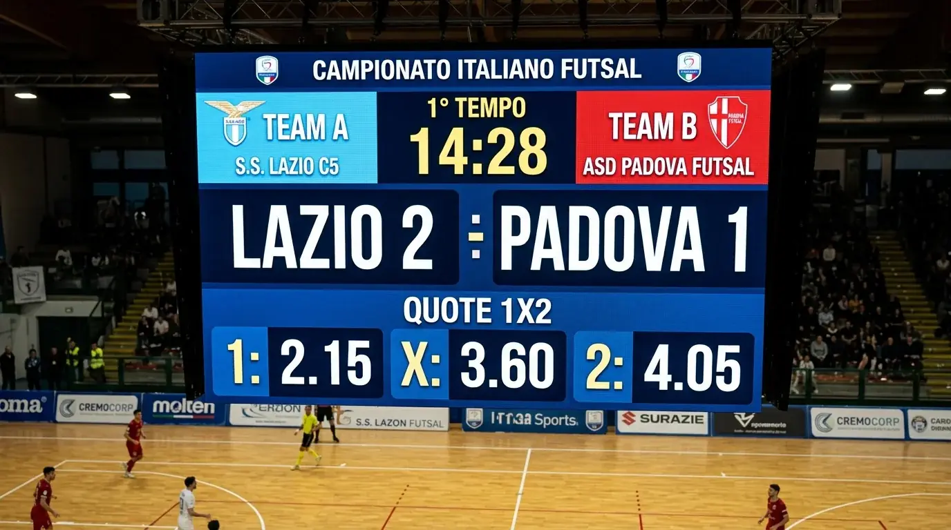 Tabellone elettronico di una partita di calcio a 5 con quote 1X2 in evidenza durante il match