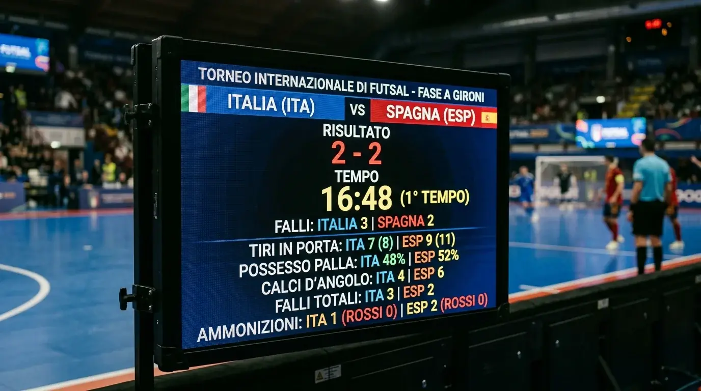 Tabellone elettronico a bordo campo con statistiche tecniche di una partita di futsal