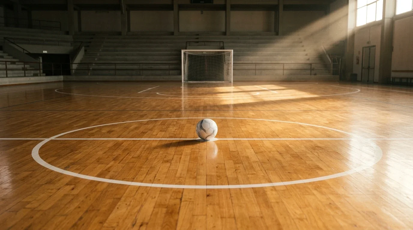 Parquet di un palazzetto del calcio a 5 con linee di campo bianche
