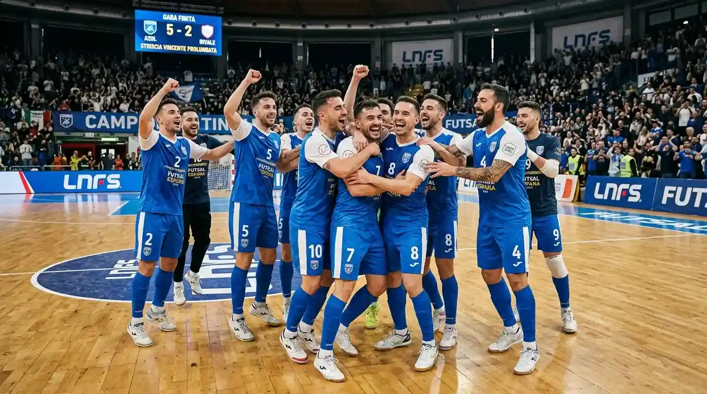 Squadra spagnola di futsal celebra una striscia di vittorie consecutive a fine partita