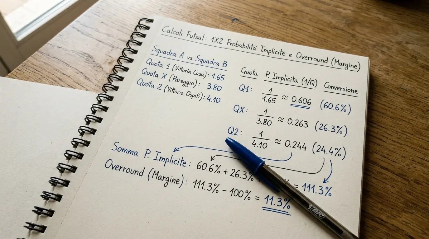 Quaderno con calcoli di probabilità implicita e overround di un mercato 1X2 di futsal