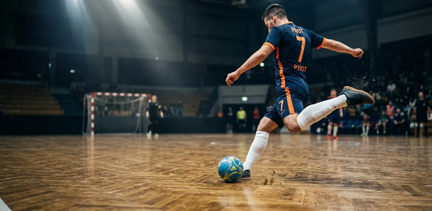 Pivot di calcio a 5 in azione di tiro con tabellone delle quote marcatore in sovrimpressione