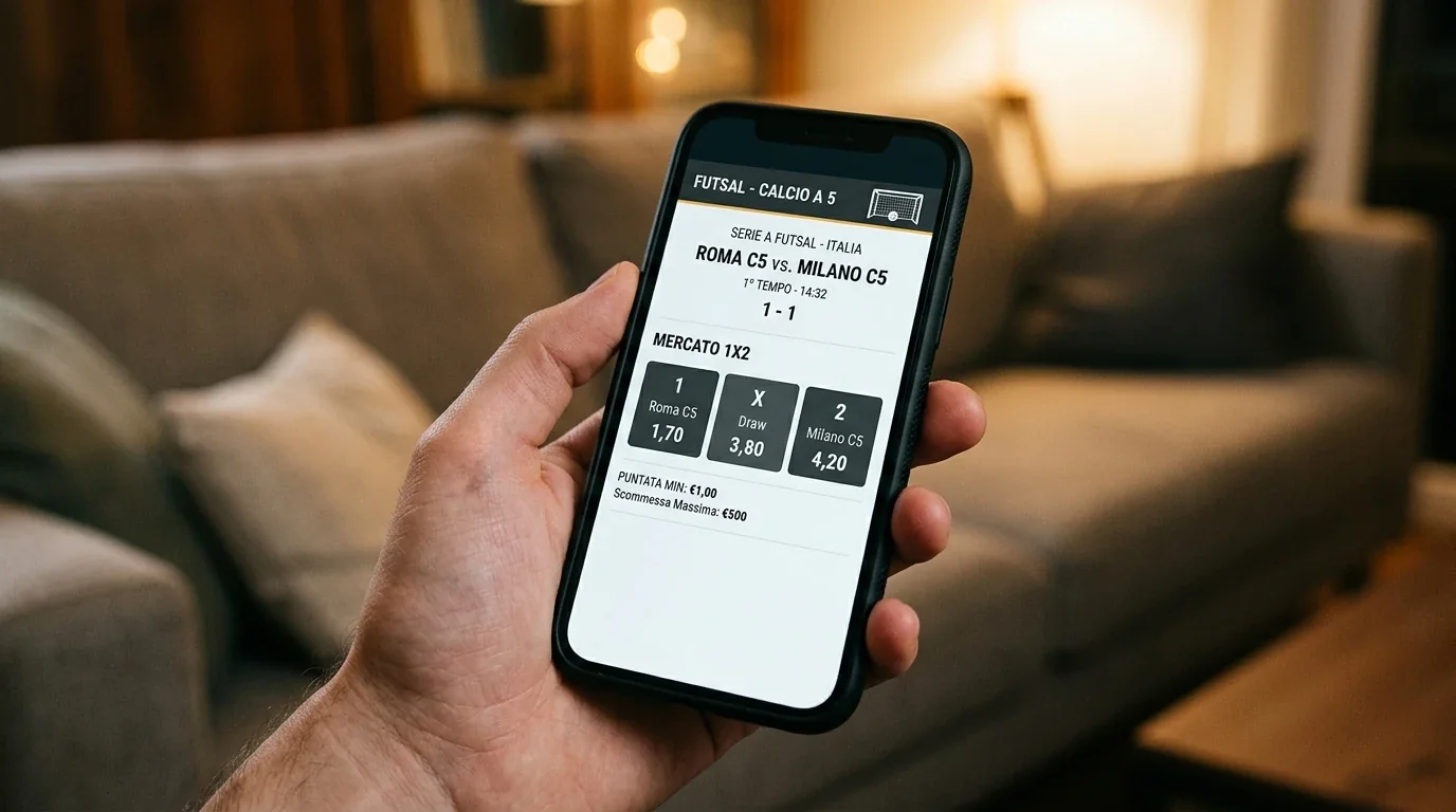 Schermata di app di scommesse con quote 1X2 su un match di calcio a 5