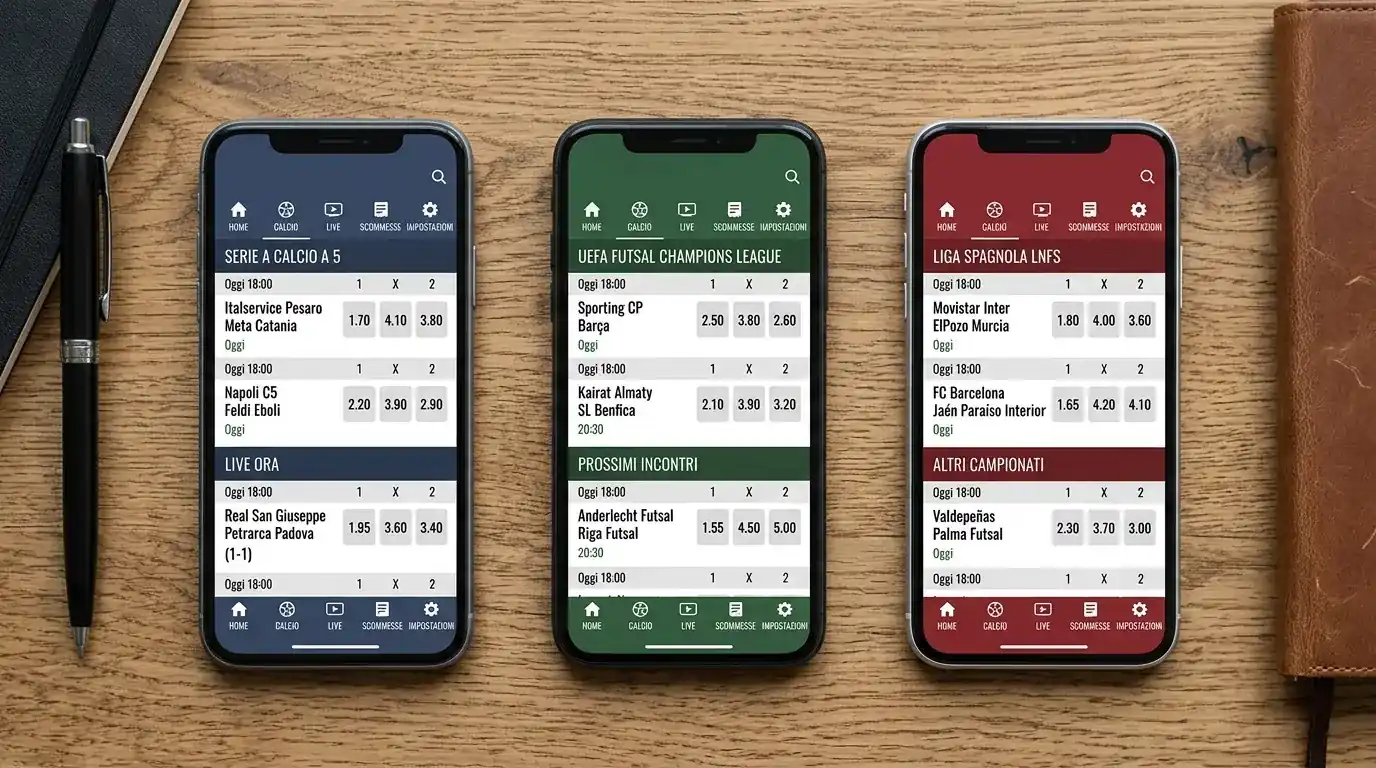 Tre schermi affiancati con app di bookmaker diversi su match di calcio a 5