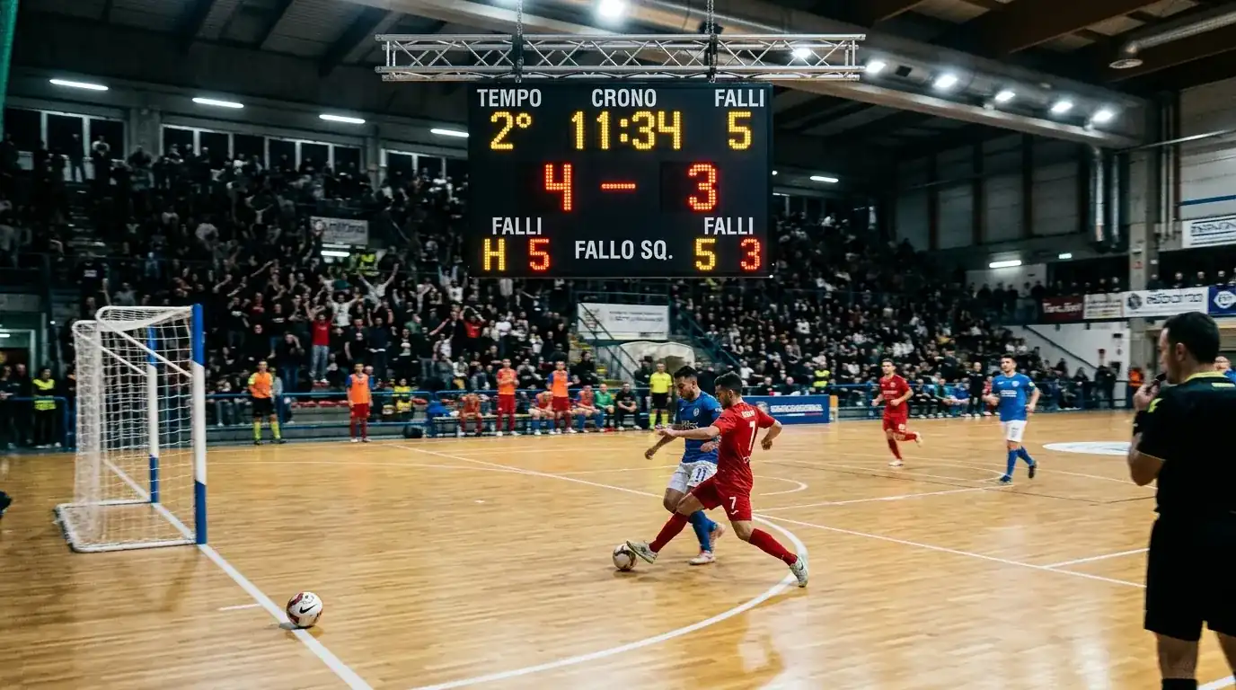 Tabellone elettronico di un match di calcio a 5 con risultato a più reti