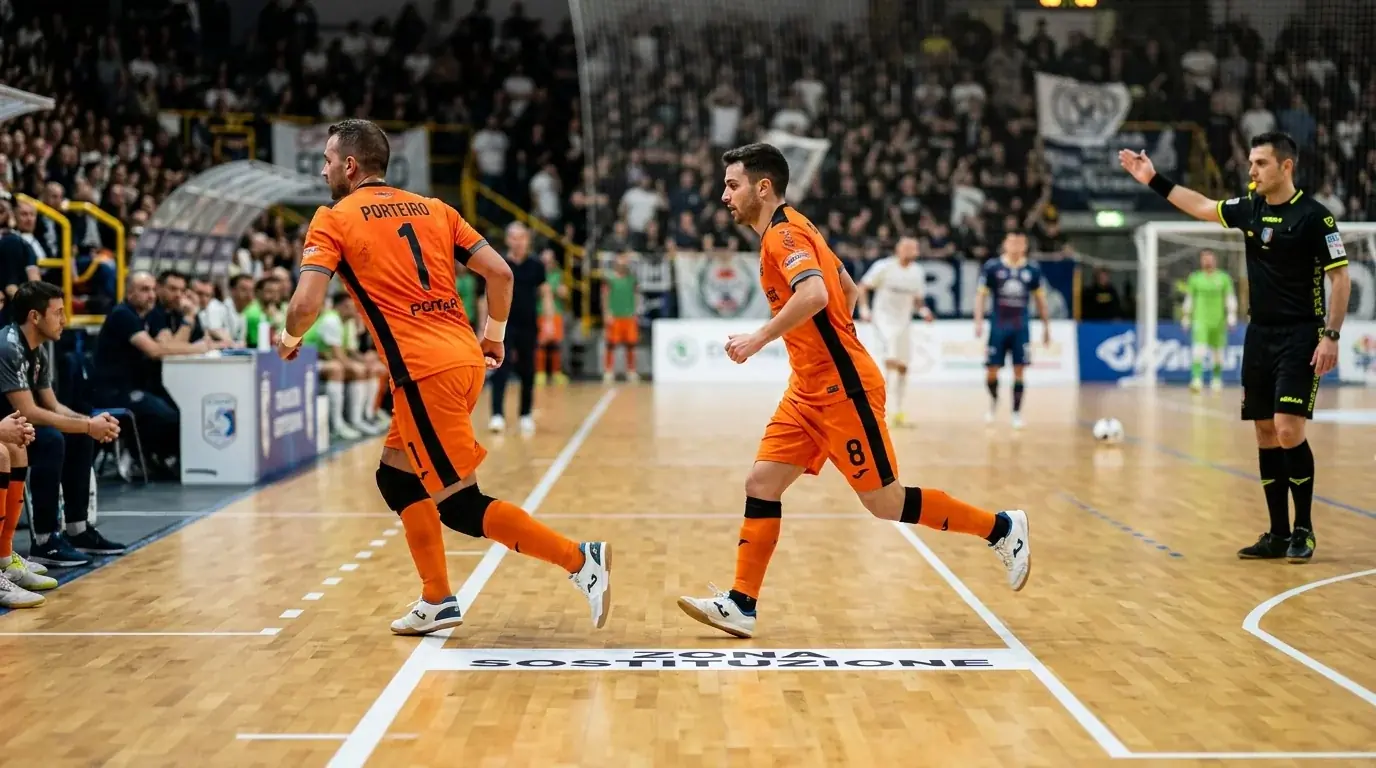 Cambio del portiere volante nel calcio a 5 sulla linea laterale del parquet
