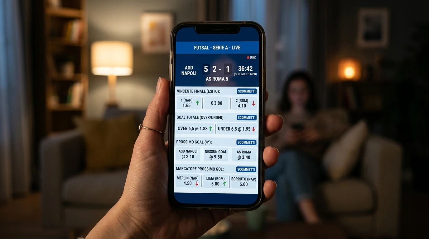 Schermo di smartphone con quote live in movimento durante un match di calcio a 5
