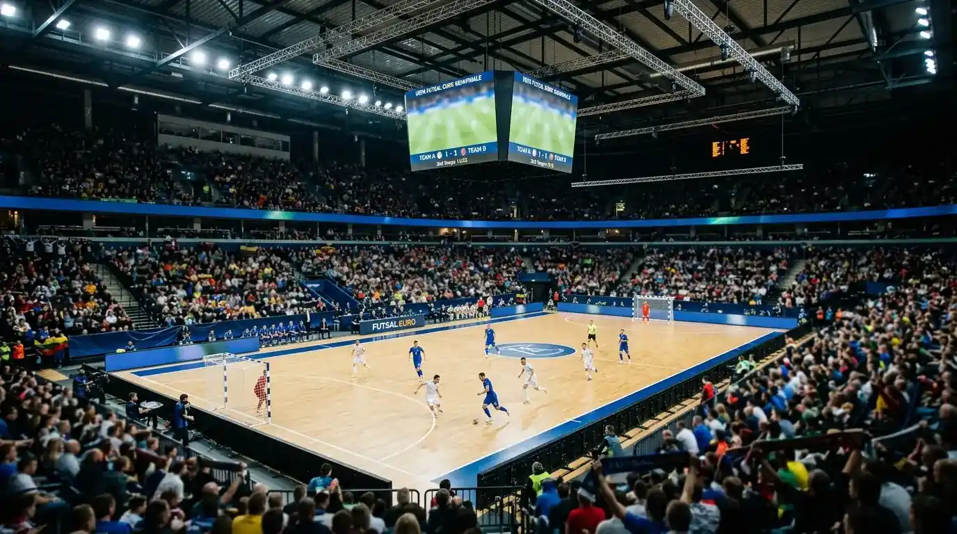 Interno di un'arena europea durante una semifinale di calcio a 5 di EURO
