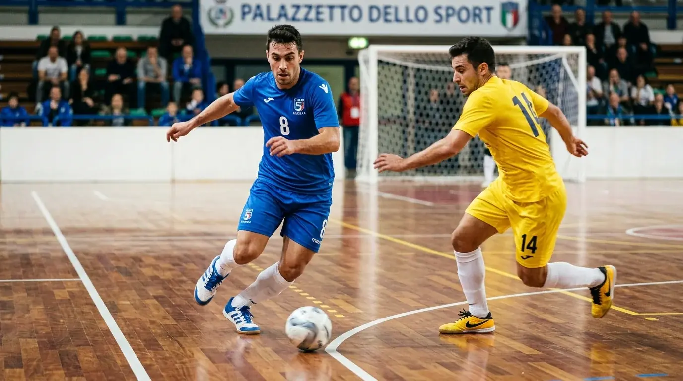 Azione di gioco durante una partita di Serie A italiana di calcio a 5 sul parquet