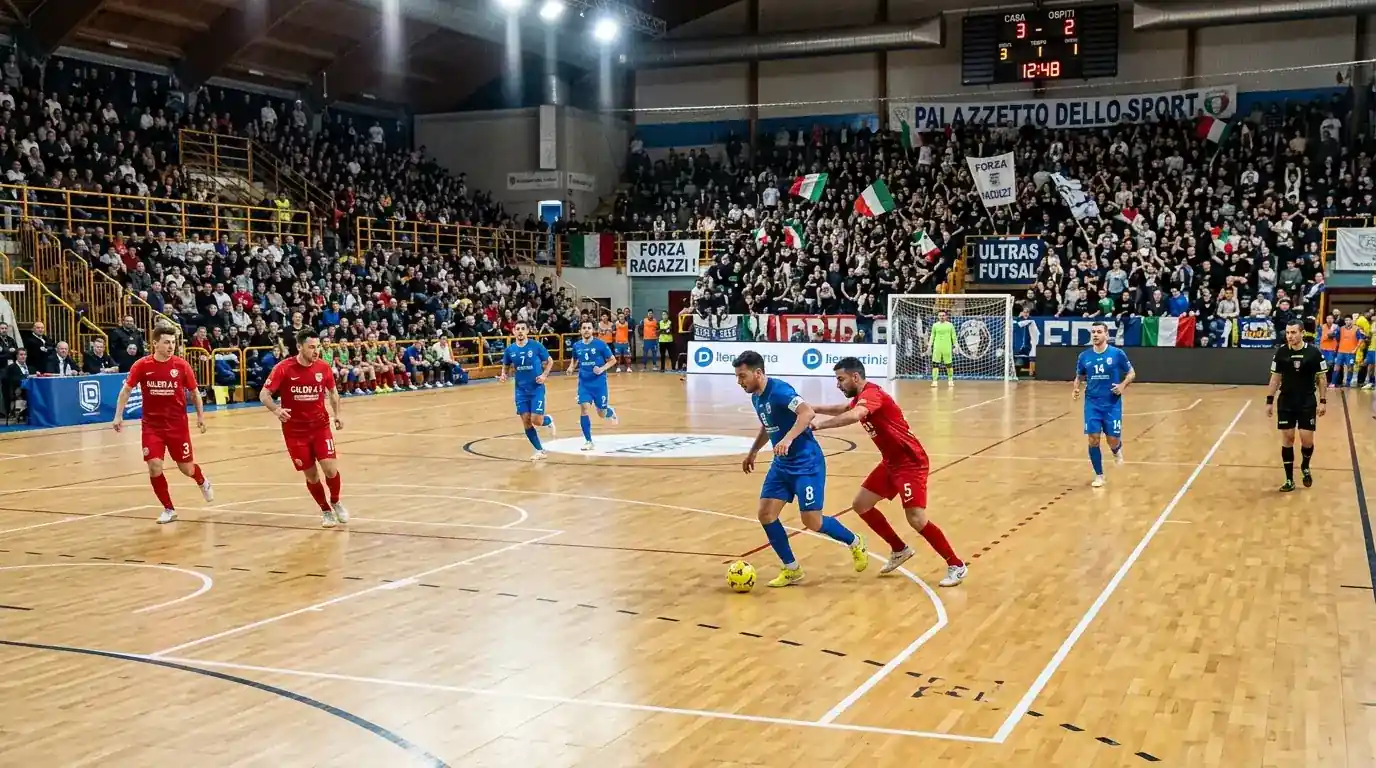 Partita di Serie A italiana di calcio a 5 al palazzetto con pubblico sugli spalti