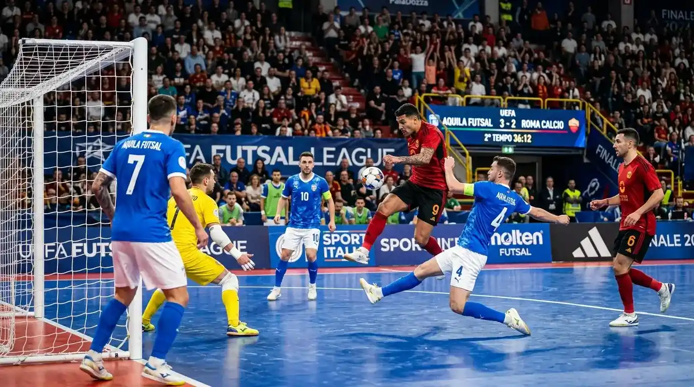 Azione di gioco in una partita di UEFA Futsal Champions League con press alto e tiro in porta
