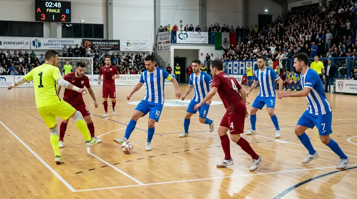 Squadra di calcio a 5 con portiere volante nelle battute finali del match