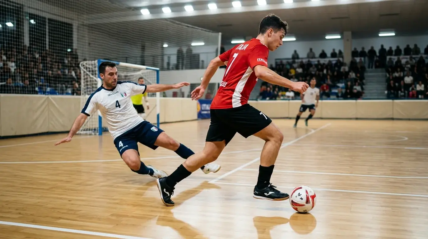 Azione di gioco nel calcio a 5 con palla in movimento sul parquet del palazzetto